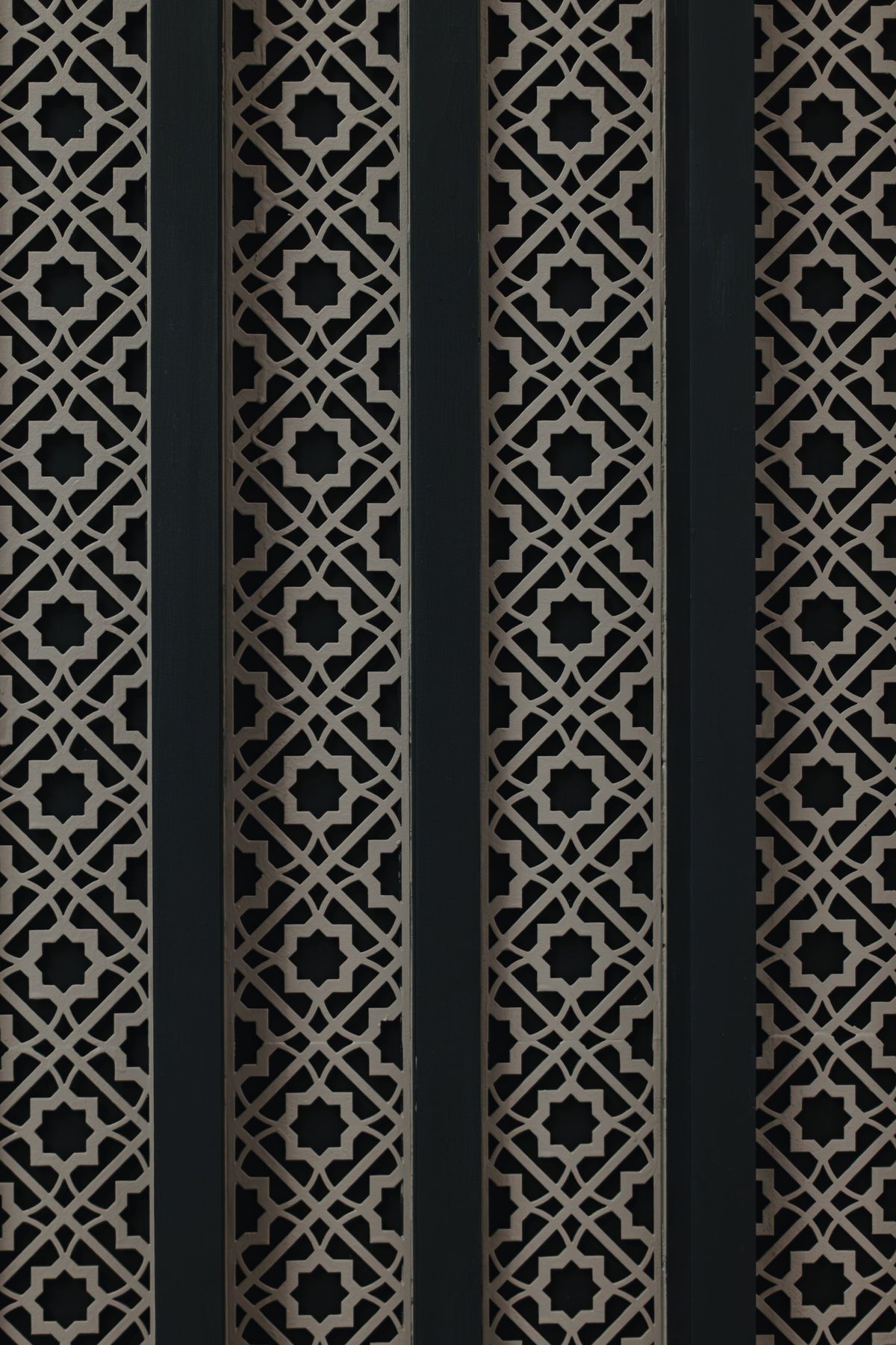 Geometric cut-out jaali pattern on vertical panels